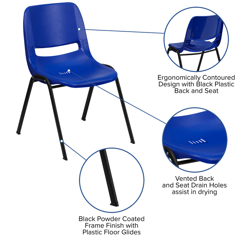 SINGLEWAVE Series 880 lb. Capacity Blue Ergonomic Shell Stack Chair with Black Frame