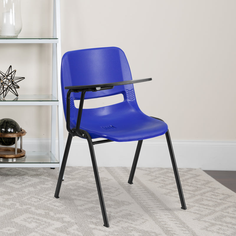 Blue Ergonomic Shell Chair with Right Handed Flip-Up Tablet Arm