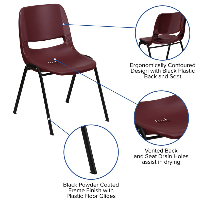 SINGLEWAVE Series 880 lb. Capacity Burgundy Ergonomic Shell Stack Chair with Black Frame