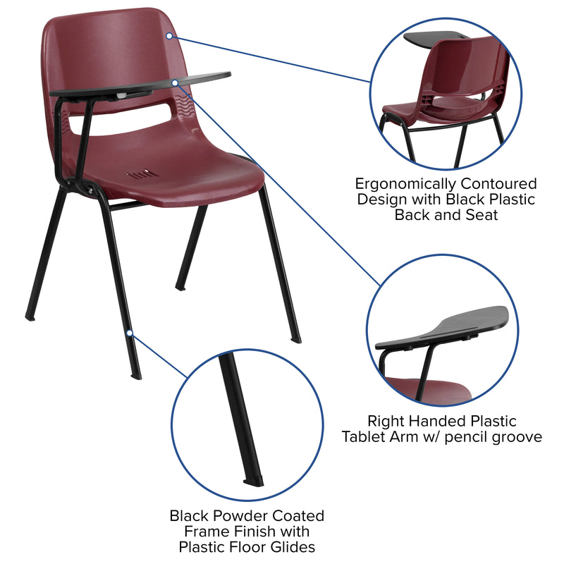 Burgundy Ergonomic Shell Chair with Right Handed Flip-Up Tablet Arm