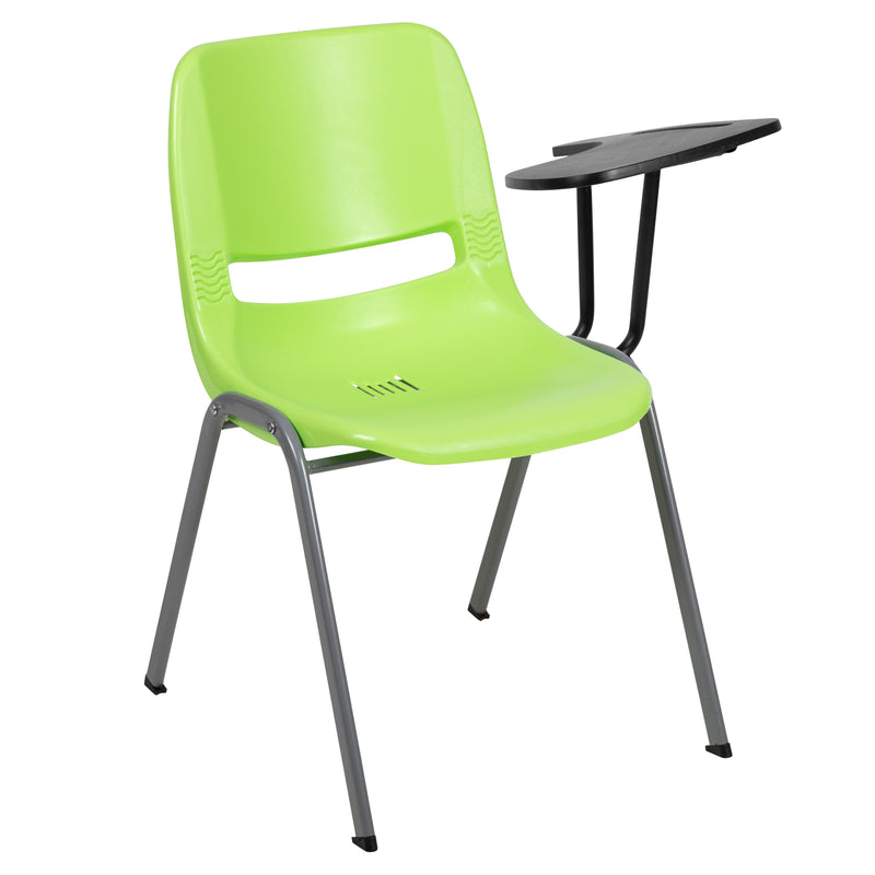 Green Ergonomic Shell Chair with Left Handed Flip-Up Tablet Arm