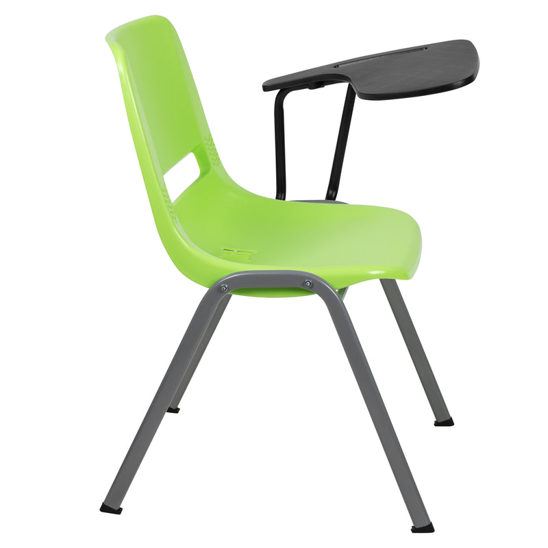 Green Ergonomic Shell Chair with Left Handed Flip-Up Tablet Arm