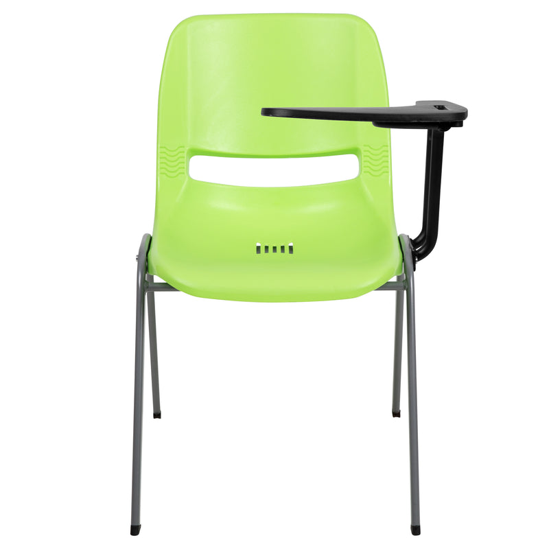 Green Ergonomic Shell Chair with Left Handed Flip-Up Tablet Arm