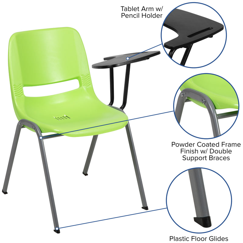 Green Ergonomic Shell Chair with Left Handed Flip-Up Tablet Arm