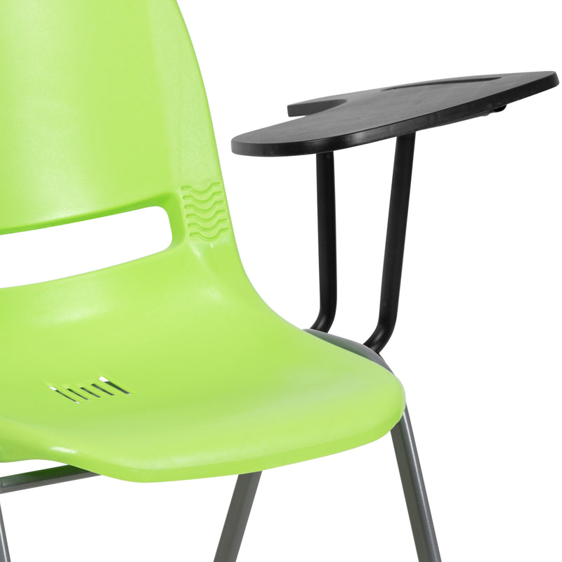 Green Ergonomic Shell Chair with Left Handed Flip-Up Tablet Arm