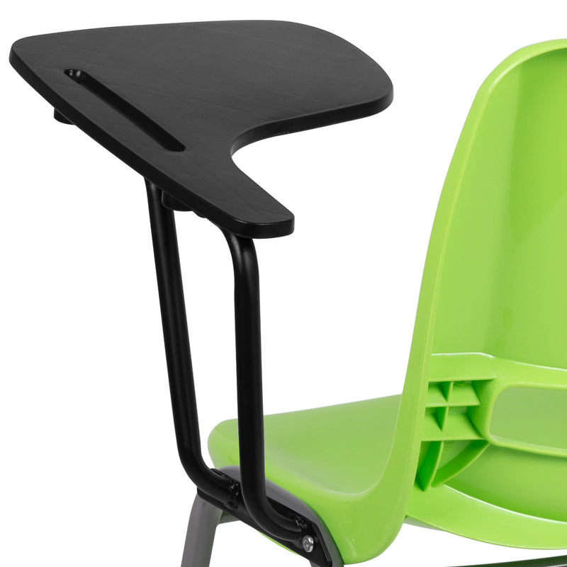 Green Ergonomic Shell Chair with Left Handed Flip-Up Tablet Arm