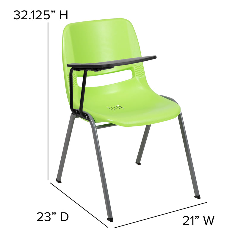 Green Ergonomic Shell Chair with Right Handed Flip-Up Tablet Arm