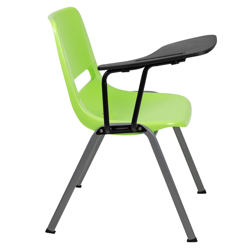 Green Ergonomic Shell Chair with Right Handed Flip-Up Tablet Arm