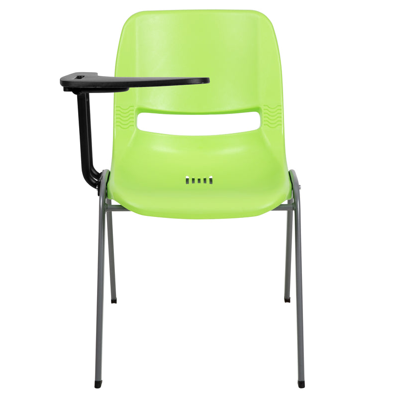 Green Ergonomic Shell Chair with Right Handed Flip-Up Tablet Arm