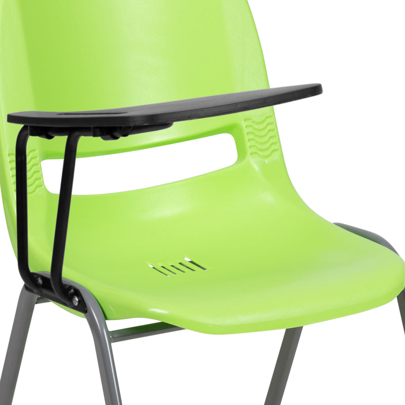 Green Ergonomic Shell Chair with Right Handed Flip-Up Tablet Arm