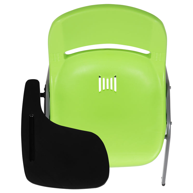 Green Ergonomic Shell Chair with Right Handed Flip-Up Tablet Arm