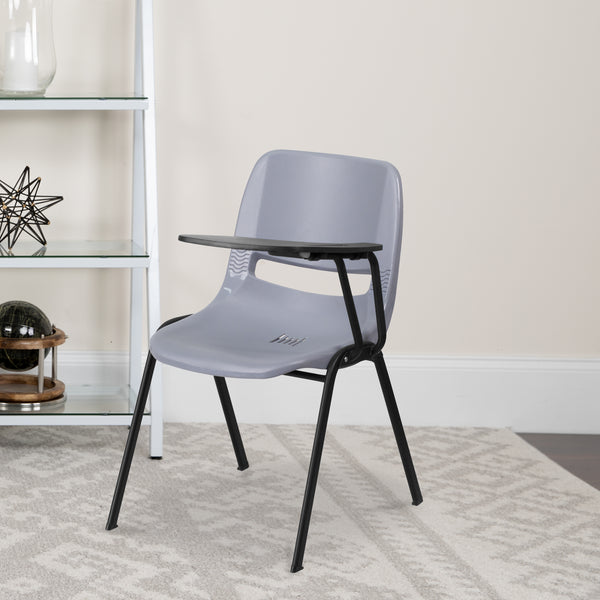 Gray Ergonomic Shell Chair with Left Handed Flip-Up Tablet Arm