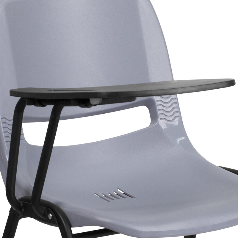 Gray Ergonomic Shell Chair with Right Handed Flip-Up Tablet Arm