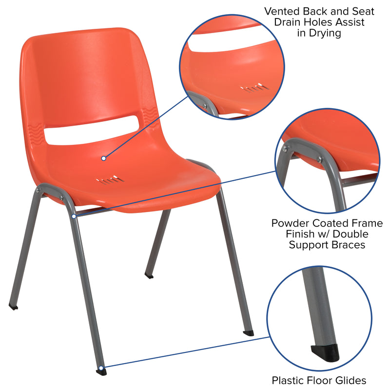 SINGLEWAVE Series 880 lb. Capacity Orange Ergonomic Shell Stack Chair with Gray Frame