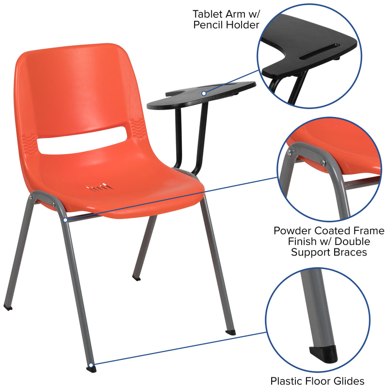 Orange Ergonomic Shell Chair with Left Handed Flip-Up Tablet Arm