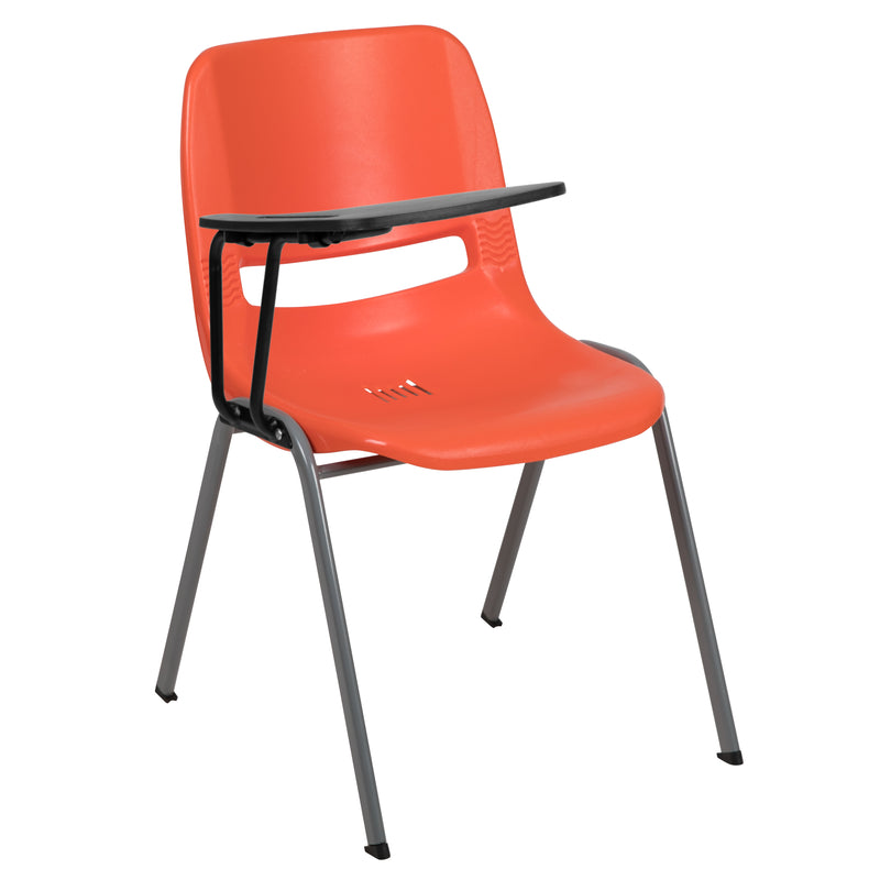 Orange Ergonomic Shell Chair with Right Handed Flip-Up Tablet Arm