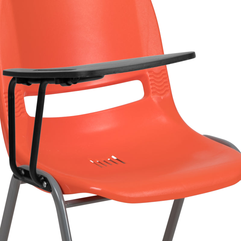 Orange Ergonomic Shell Chair with Right Handed Flip-Up Tablet Arm