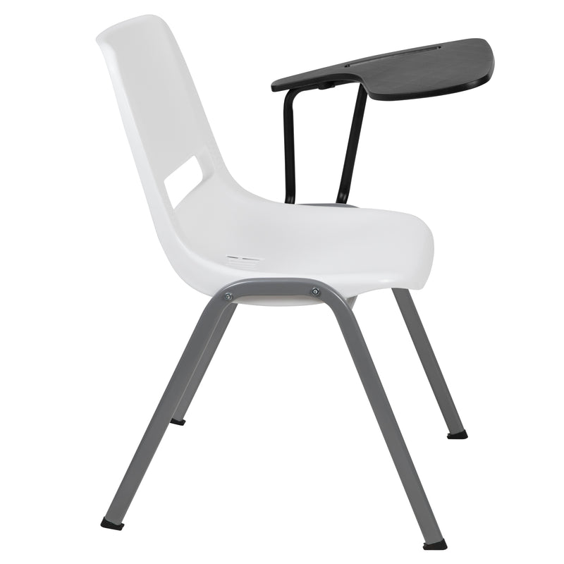 White Ergonomic Shell Chair with Left Handed Flip-Up Tablet Arm