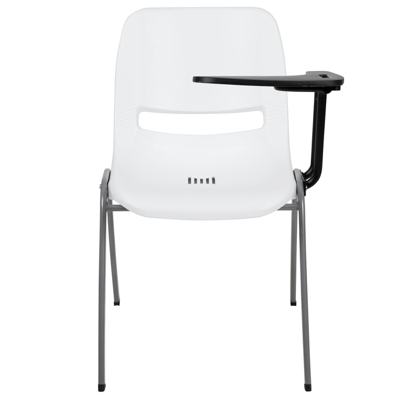 White Ergonomic Shell Chair with Left Handed Flip-Up Tablet Arm