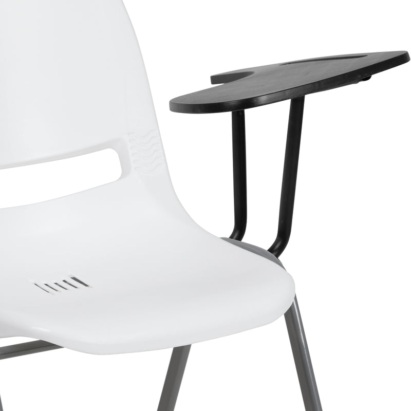 White Ergonomic Shell Chair with Left Handed Flip-Up Tablet Arm