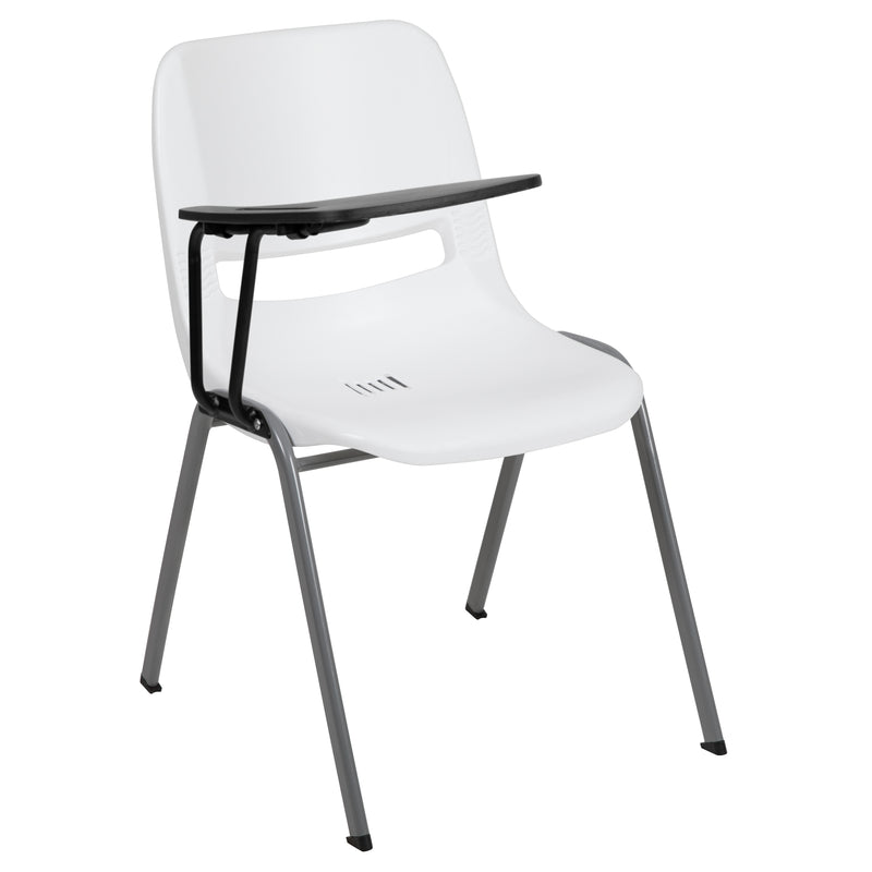 White Ergonomic Shell Chair with Right Handed Flip-Up Tablet Arm