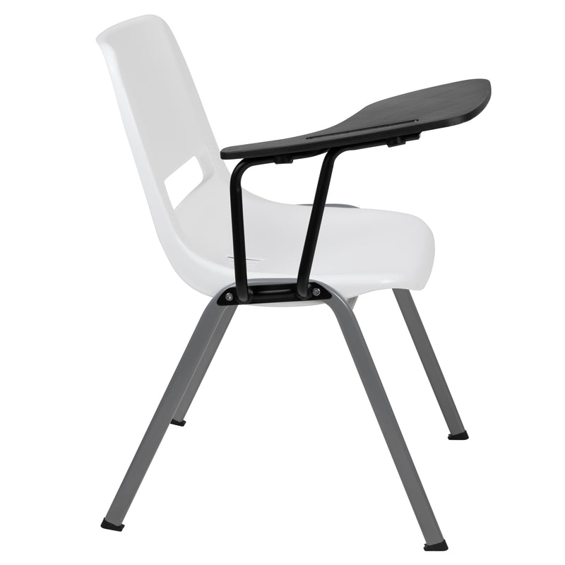 White Ergonomic Shell Chair with Right Handed Flip-Up Tablet Arm