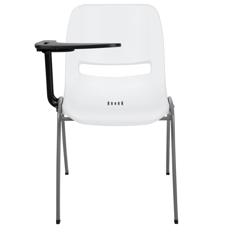 White Ergonomic Shell Chair with Right Handed Flip-Up Tablet Arm