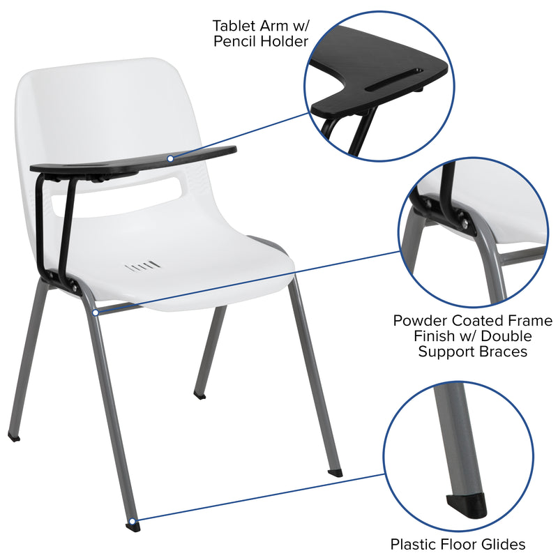 White Ergonomic Shell Chair with Right Handed Flip-Up Tablet Arm