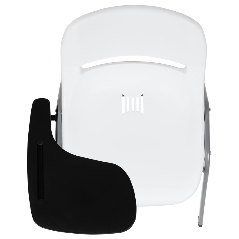 White Ergonomic Shell Chair with Right Handed Flip-Up Tablet Arm