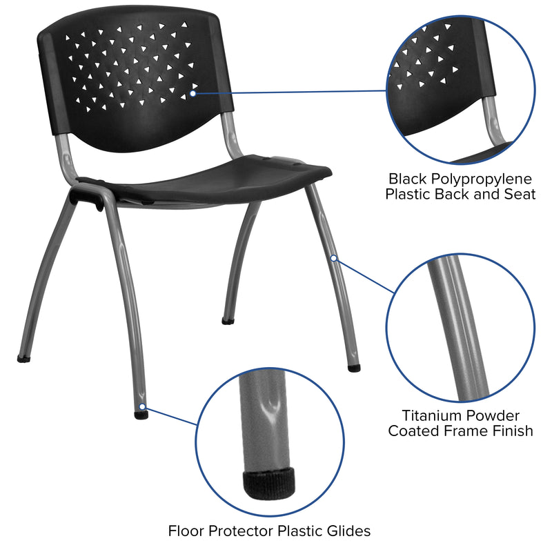 SINGLEWAVE Series 880 lb. Capacity Black Plastic Stack Chair with Titanium Gray Powder Coated Frame