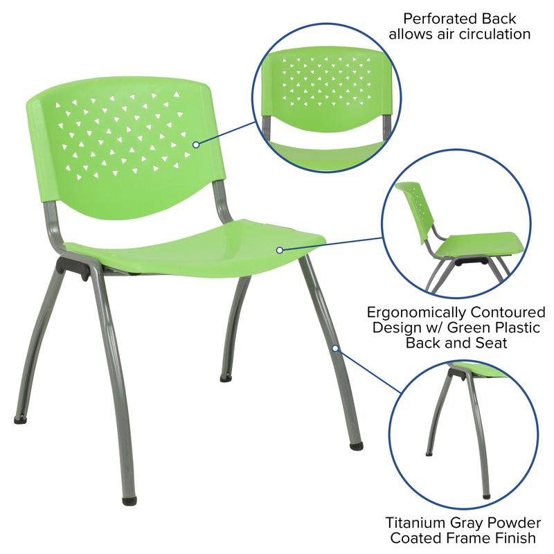 SINGLEWAVE Series 880 lb. Capacity Green Plastic Stack Chair with Titanium Gray Powder Coated Frame