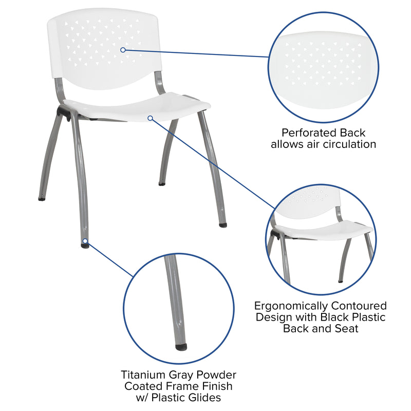 SINGLEWAVE Series 880 lb. Capacity White Plastic Stack Chair with Titanium Gray Powder Coated Frame