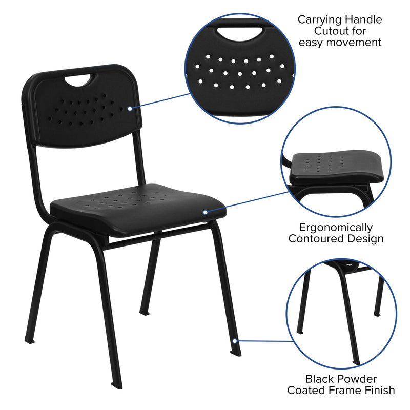 SINGLEWAVE Series 880 lb. Capacity Black Plastic Stack Chair with Open Back and Black Frame