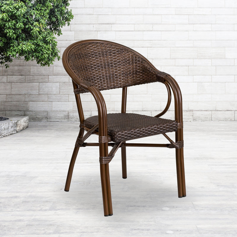 Milano Series Cocoa Rattan Restaurant Patio Chair with Bamboo-Aluminum Frame