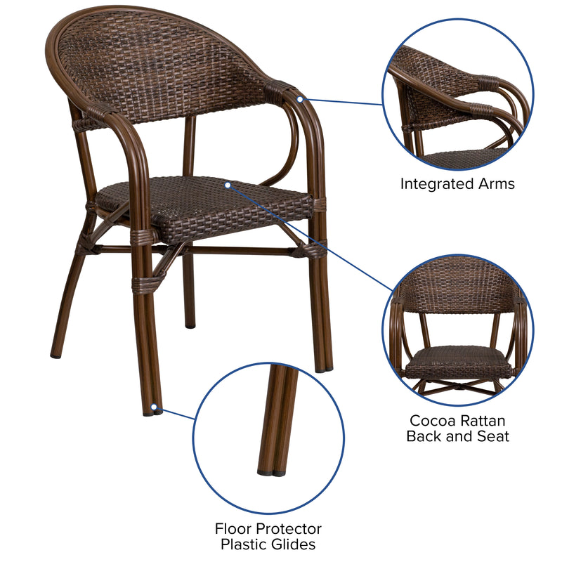 Milano Series Cocoa Rattan Restaurant Patio Chair with Bamboo-Aluminum Frame