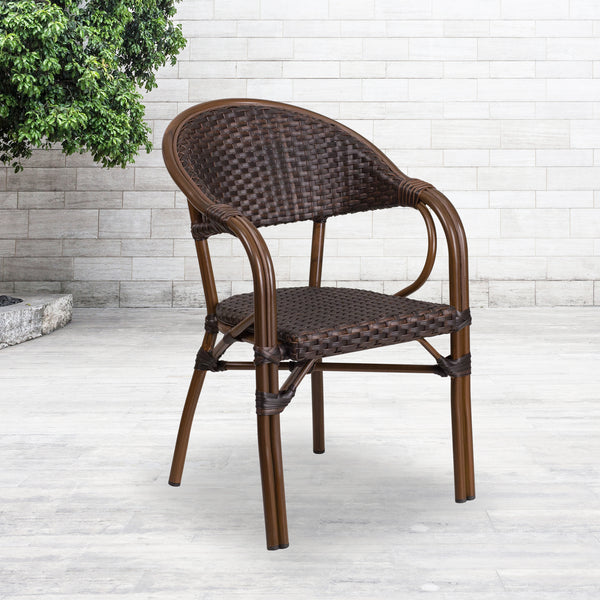 Milano Series Dark Brown Rattan Restaurant Patio Chair with Red Bamboo-Aluminum Frame