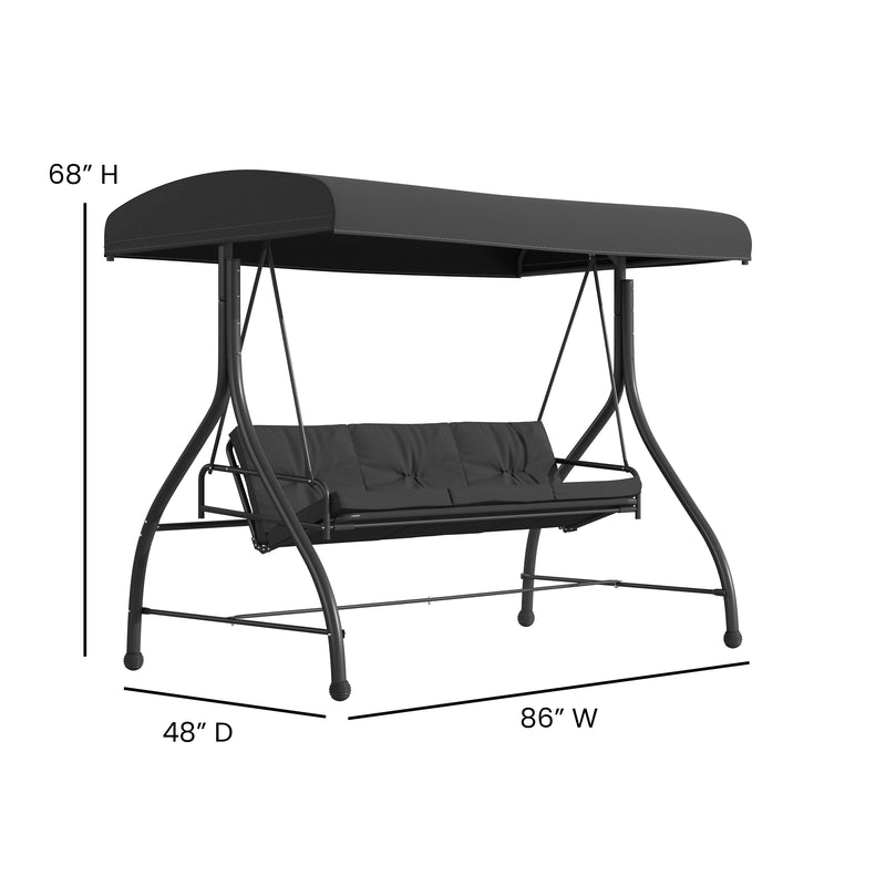 3-Seat Outdoor Steel Converting Patio Swing Canopy Hammock with Cushions / Outdoor Swing Bed (Black)