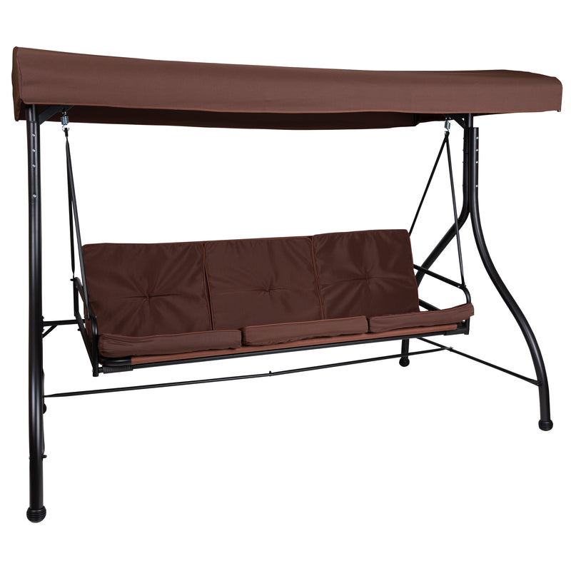 3-Seat Outdoor Steel Converting Patio Swing Canopy Hammock with Cushions / Outdoor Swing Bed (Brown)