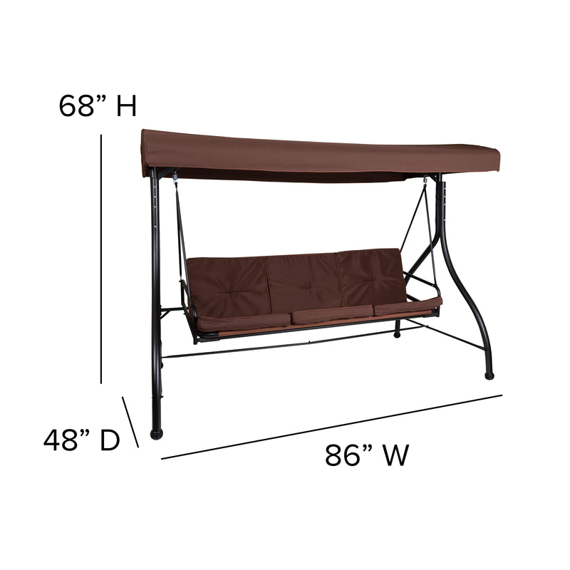 3-Seat Outdoor Steel Converting Patio Swing Canopy Hammock with Cushions / Outdoor Swing Bed (Brown)