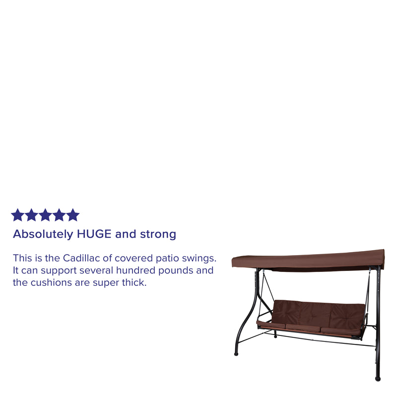 3-Seat Outdoor Steel Converting Patio Swing Canopy Hammock with Cushions / Outdoor Swing Bed (Brown)