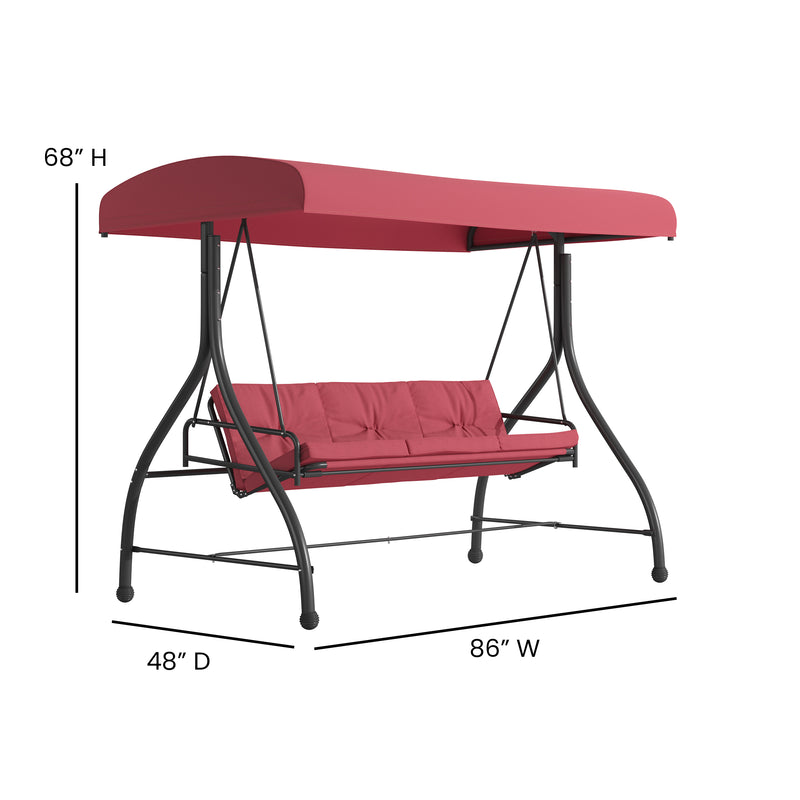 3-Seat Outdoor Steel Converting Patio Swing Canopy Hammock with Cushions / Outdoor Swing Bed (Maroon)