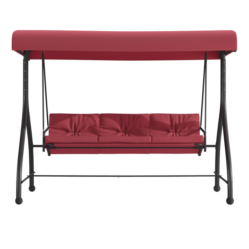 3-Seat Outdoor Steel Converting Patio Swing Canopy Hammock with Cushions / Outdoor Swing Bed (Maroon)