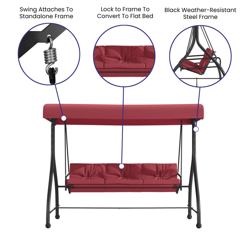 3-Seat Outdoor Steel Converting Patio Swing Canopy Hammock with Cushions / Outdoor Swing Bed (Maroon)