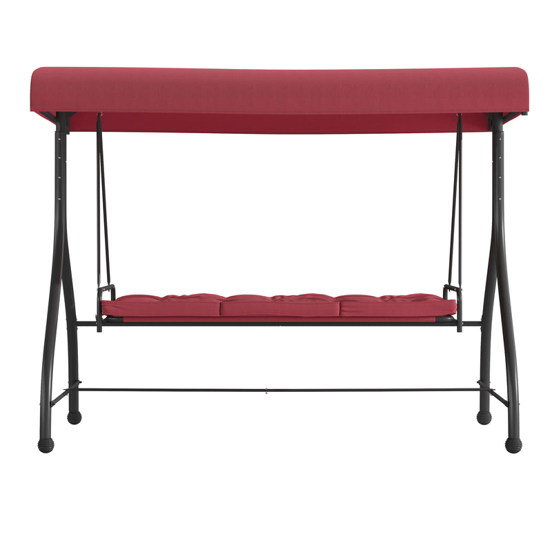 3-Seat Outdoor Steel Converting Patio Swing Canopy Hammock with Cushions / Outdoor Swing Bed (Maroon)