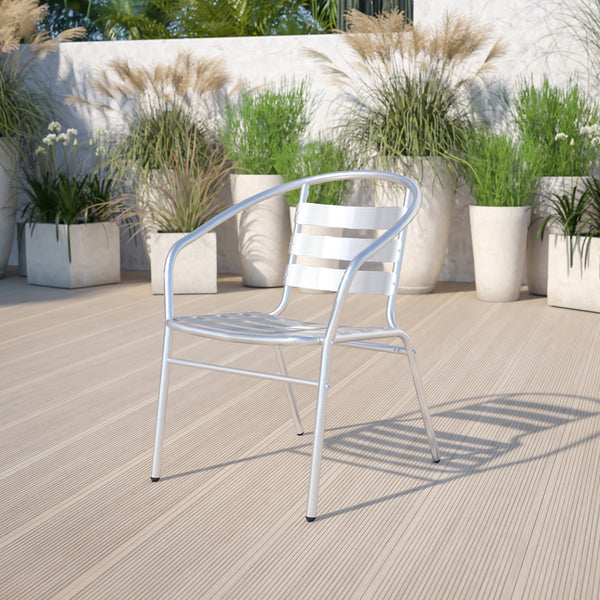 Commercial Aluminum Indoor-Outdoor Restaurant Stack Chair with Triple Slat Back and Arms