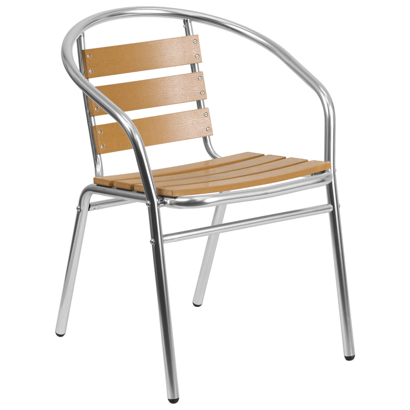 Commercial Aluminum Indoor-Outdoor Restaurant Stack Chair with Triple Slat Faux Teak Back