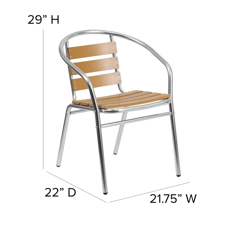 Commercial Aluminum Indoor-Outdoor Restaurant Stack Chair with Triple Slat Faux Teak Back