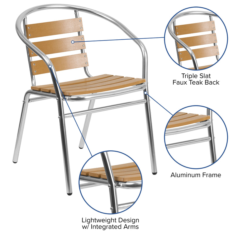 Commercial Aluminum Indoor-Outdoor Restaurant Stack Chair with Triple Slat Faux Teak Back