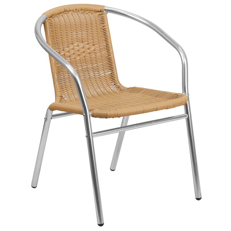 Commercial Aluminum and Beige Rattan Indoor-Outdoor Restaurant Stack Chair