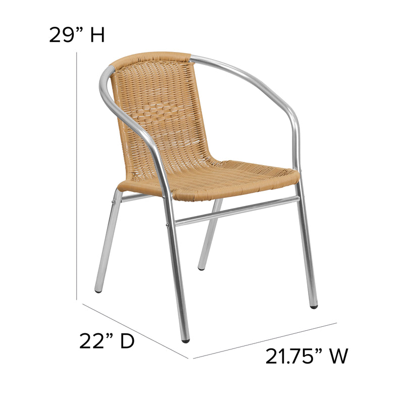 Commercial Aluminum and Beige Rattan Indoor-Outdoor Restaurant Stack Chair